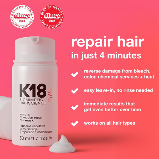 Leave-In Molecular Repair Hair Mask 50ml 1.7 Oz for Dry, Damaged & Color-Treated Hair by K18
