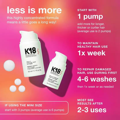 Leave-In Molecular Repair Hair Mask 50ml 1.7 Oz for Dry, Damaged & Color-Treated Hair by K18